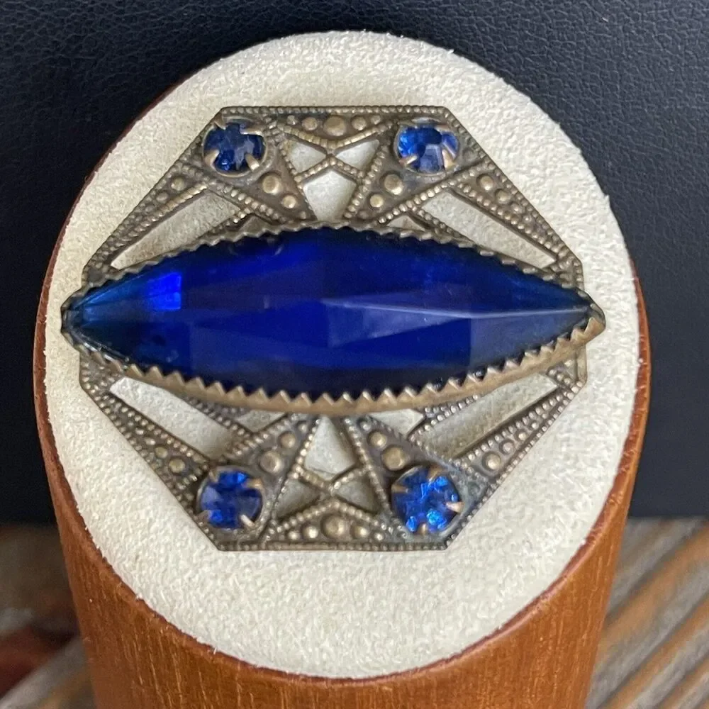 Antique Art Deco Antiqued Bronze Blue Glass Rhinestone Pin Brooch C Clasp
